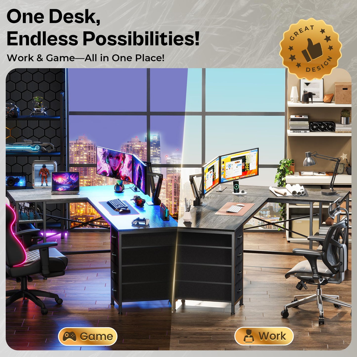 Huuger 55 Inch L Shaped Desk with Fabric Drawers, Reversible Computer Gaming Desk with Power Outlets and USB-C Port, Adjustable Side Storage Shelves, for Work Study Corner Home Office, Grey