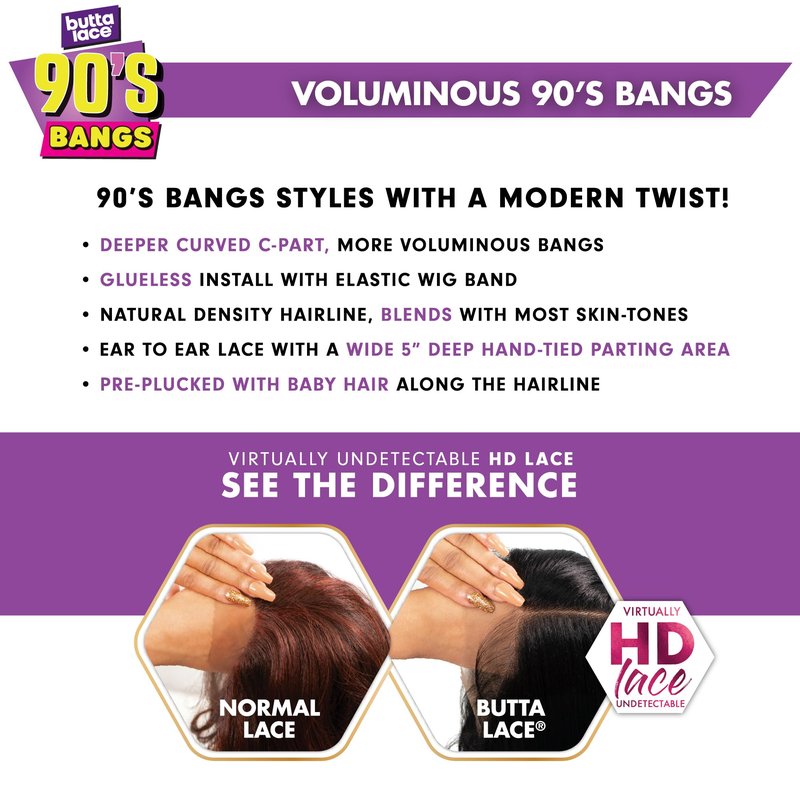 Sensationnel Butta Lace 90Sbangs Wigs - Unit 914 Glueless Wide Deep Part Synthetic Preplucked Hairline (1B OFFBLACK)