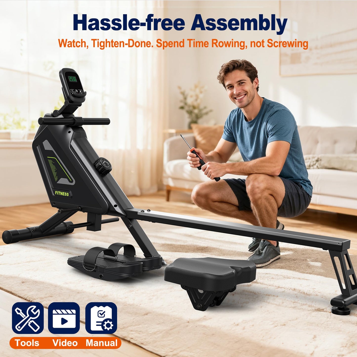 Klyzoom Rowing Machine for Home, 16 Resistance Levels, Quiet Magnetic Rower with APP, 350 LB Weight Capacity, Easy Assembly, Compact and Saves Space