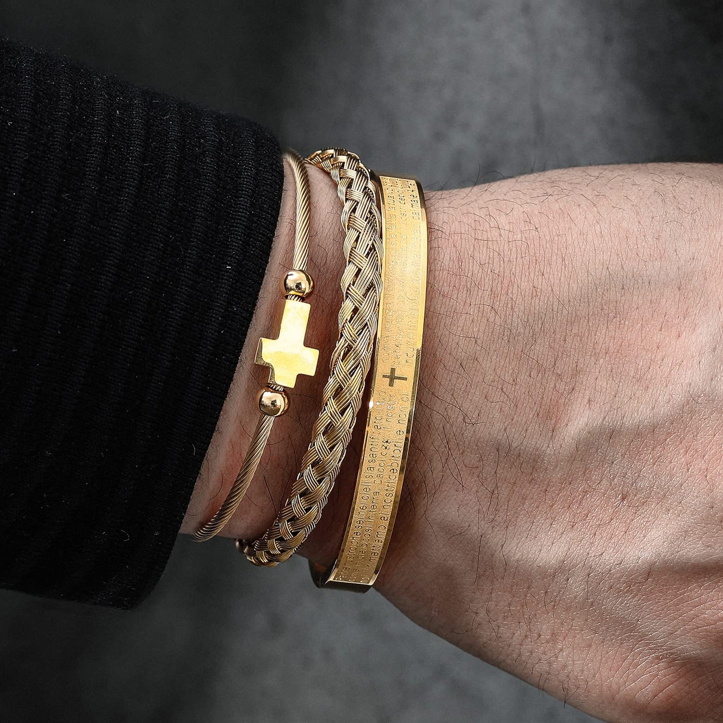 WFYOU 3PCS Stainless Steel Bracelets for Men Gold Roman Numeral Bangle Bracelet Twisted Cable Bracelet Adjustable Cuff Bracelet Mens Luxury Jewelry Bracelets Gifts