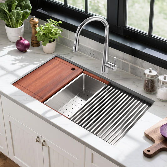 27-inch Undermount Kitchen Sink Workstation, SINKVINE 25x19 Outdoor Sink BBQ, Stainless Steel Single Bowl Basin w/Sapele-Wood Cutting Board, SST Colander w/Wood Handle, and Roll-up Dish Drying Unit