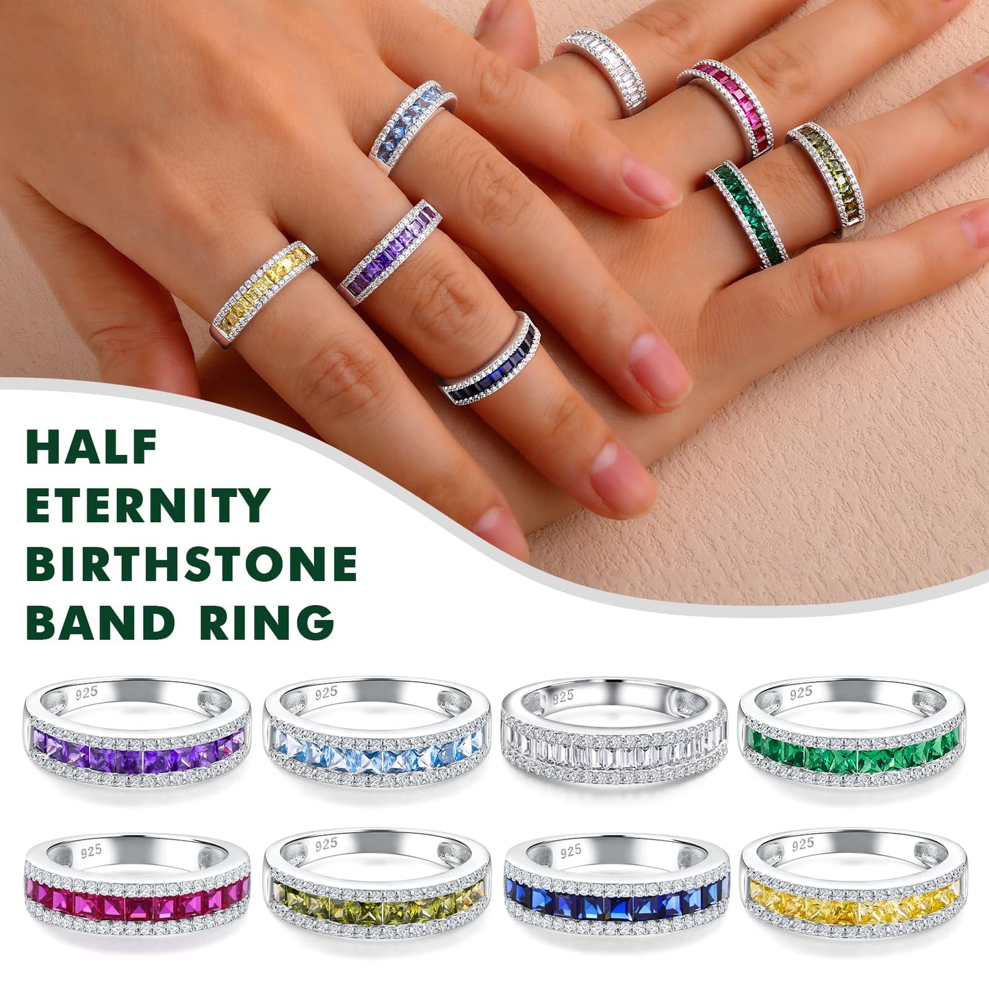 RANDES Peridot Rings for Women Eternity Band 925 Sterling Silver Channel Set Princess Cut Wedding Band August Birthstone Ring Size 6