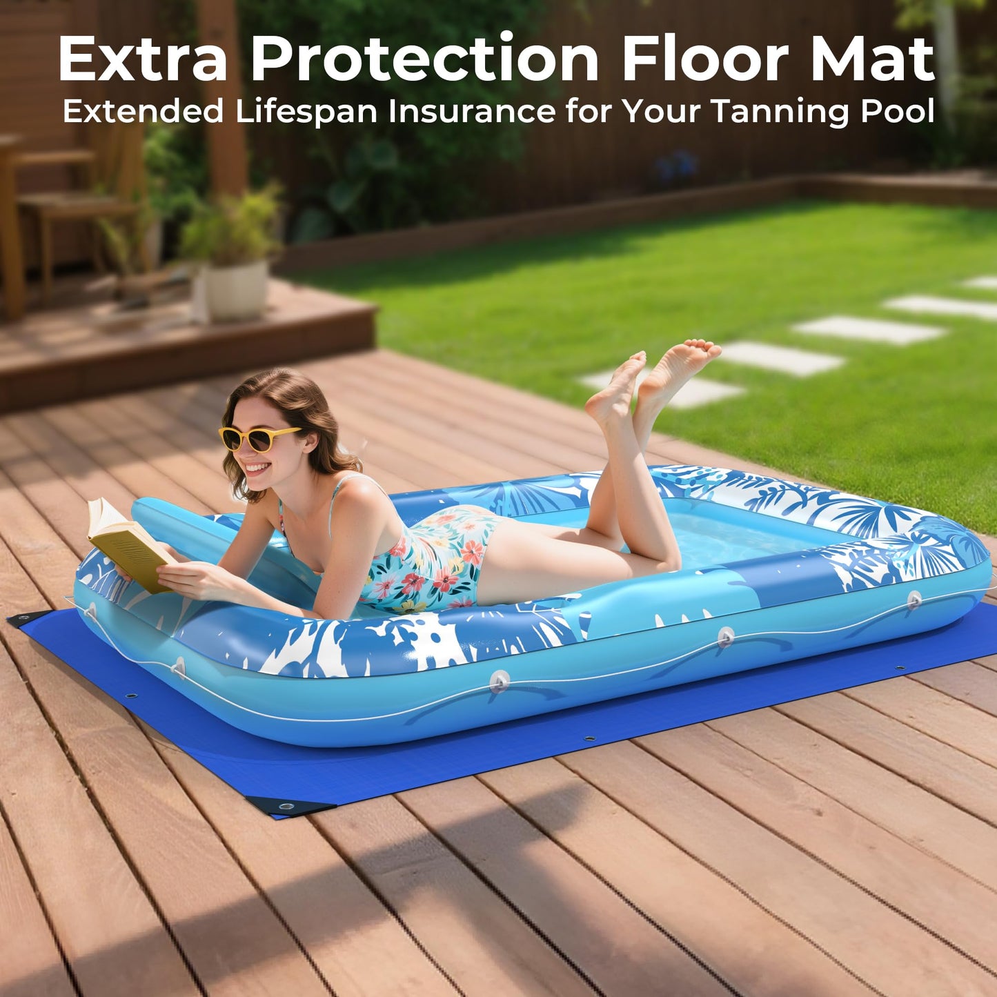 Inflatable Tanning Pool Lounger Float with Protection Tarp, 70" x 46" Pool Floats Adult with Pillow, 6 in 1 Suntan Tub Raft Floatie, Sunbathing Water Bed Lounge Blow Up Kids Ball Pit Party Gifts-Blue