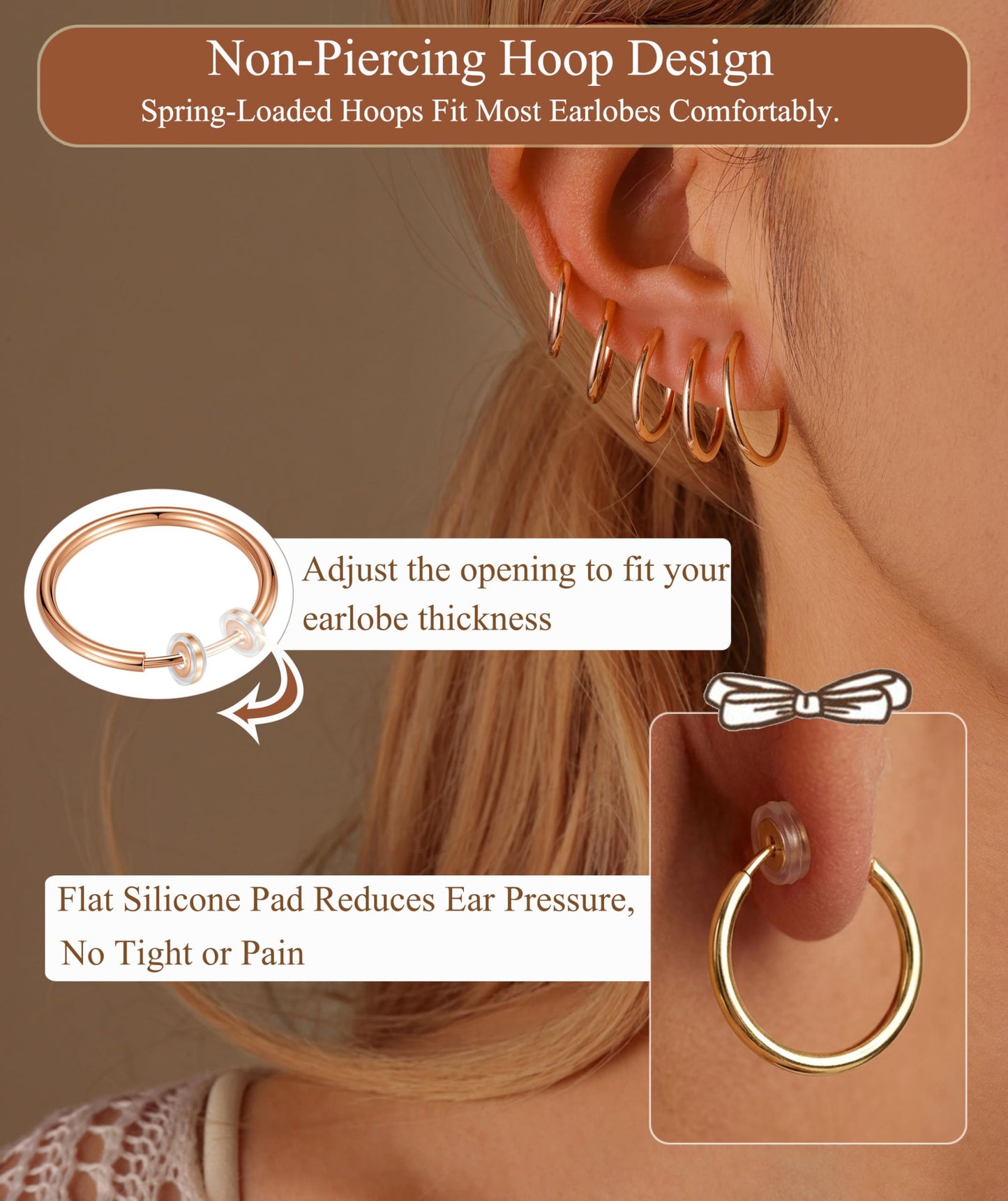 PLOMFOV Clip On Hoop Earrings for Women Small Rose Gold Plated Clip On Earrings Women Fake Hoop Earrings Non Pierced Earrings 14mm-18mm