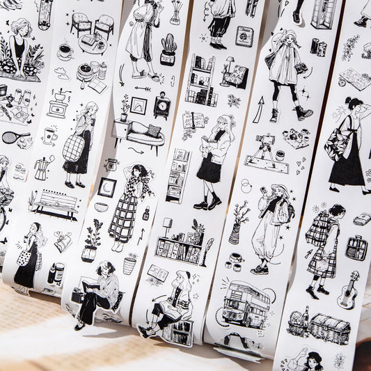 Alideco 6pcs Decorative Adhesive Tapes Vintage Black-and-White Characters White Kraft Paper Tape Great for Bullet Journal Supplies, Arts, Scrapbook, DIY Crafts, Planners (xiaorichang)