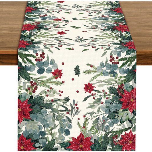 72 x 13 Inch Christmas Table Runner – Red Poinsettia and Greenery Holiday Table Decoration with Winter Berries for Dining Room, Kitchen, and Festive Christmas Parties