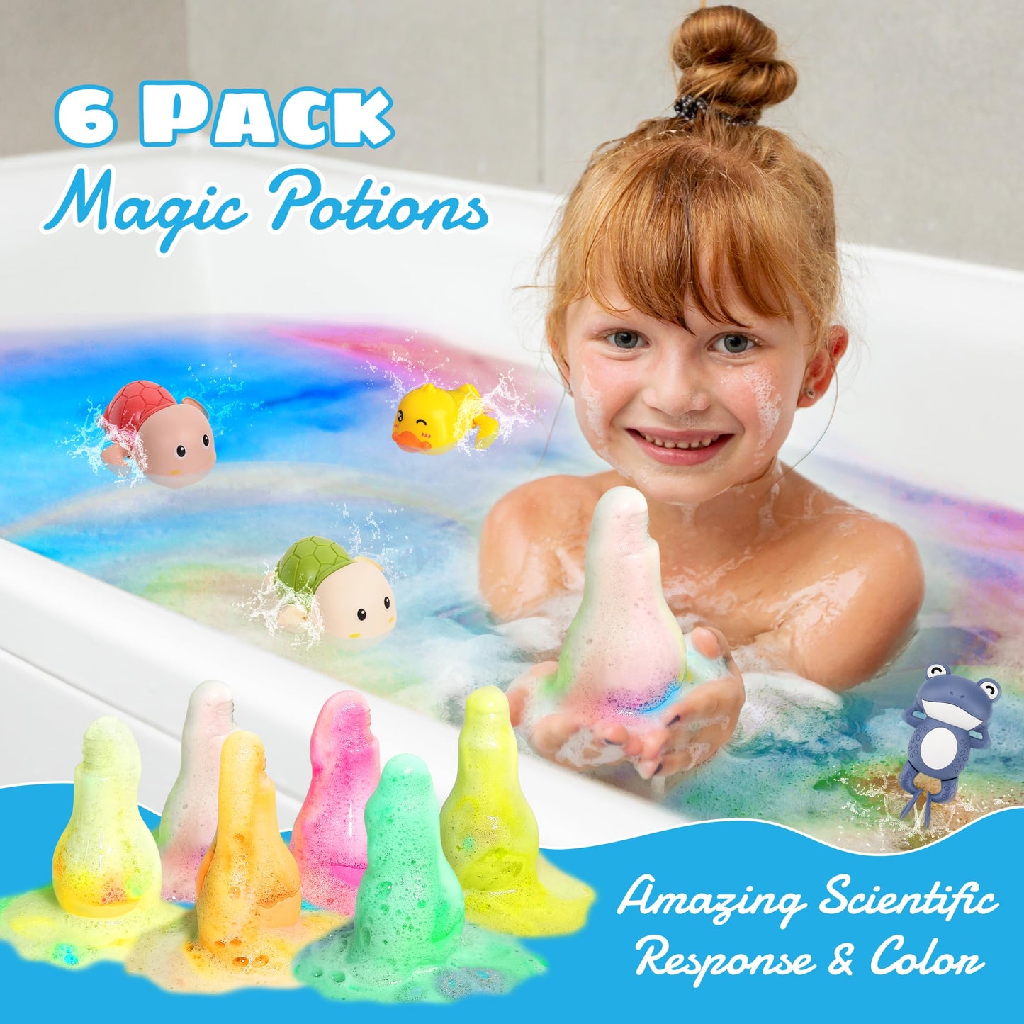 Firekoto Magic Potion Bath Toy for Kids, 6 Bottles Color Fizz Science Kit with 2 Surprise Toys, Fun Pour & Play Bath Bomb Set for Boys Girls