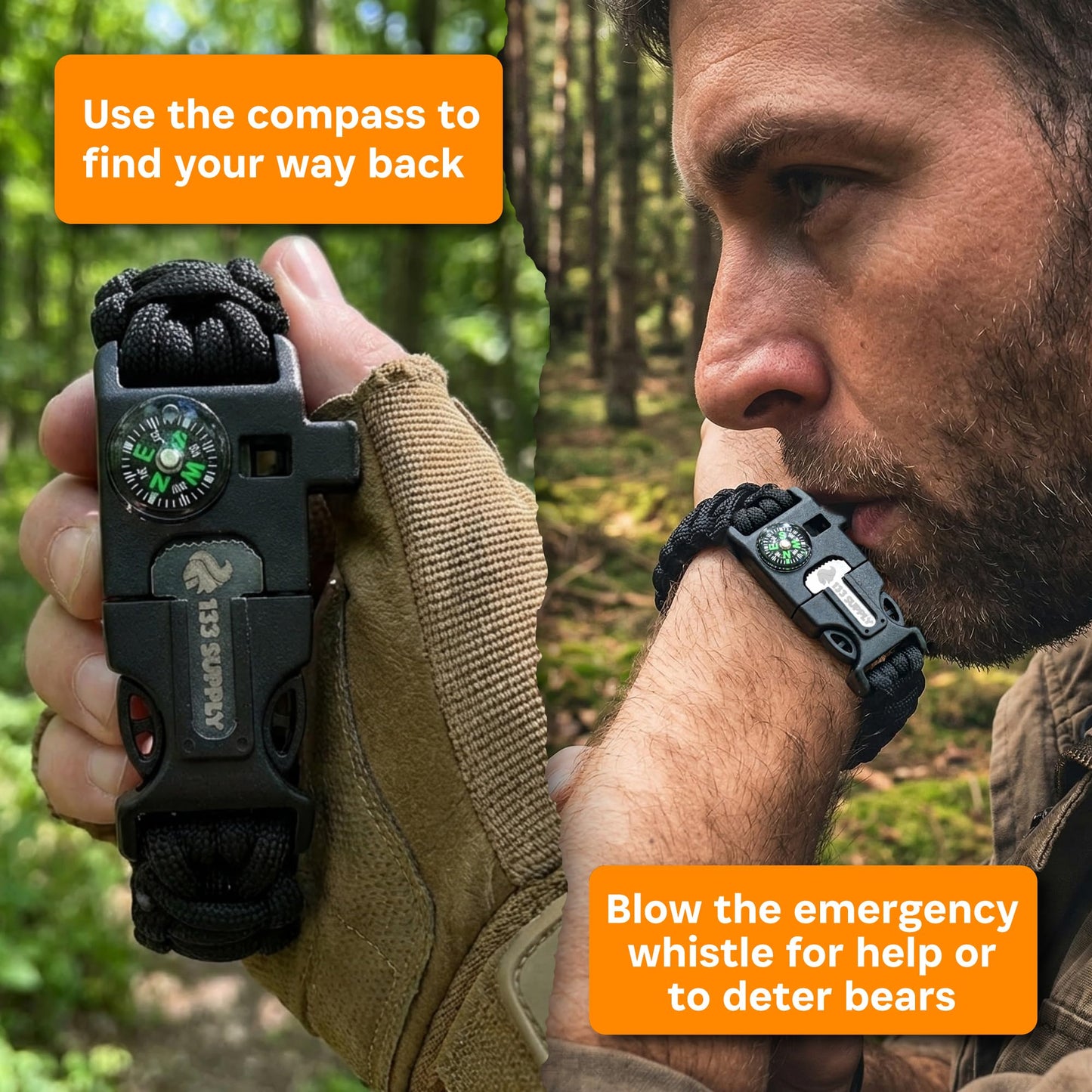 133 SUPPLY Tactical Paracord Compass Hiking Survival Bracelet Men Dad Gifts Camping Accessories Hiking Gear Women Hunting Gear Fishing Essentials Flint Steel Tool Fire Starter Kit Whistle Bear Safety