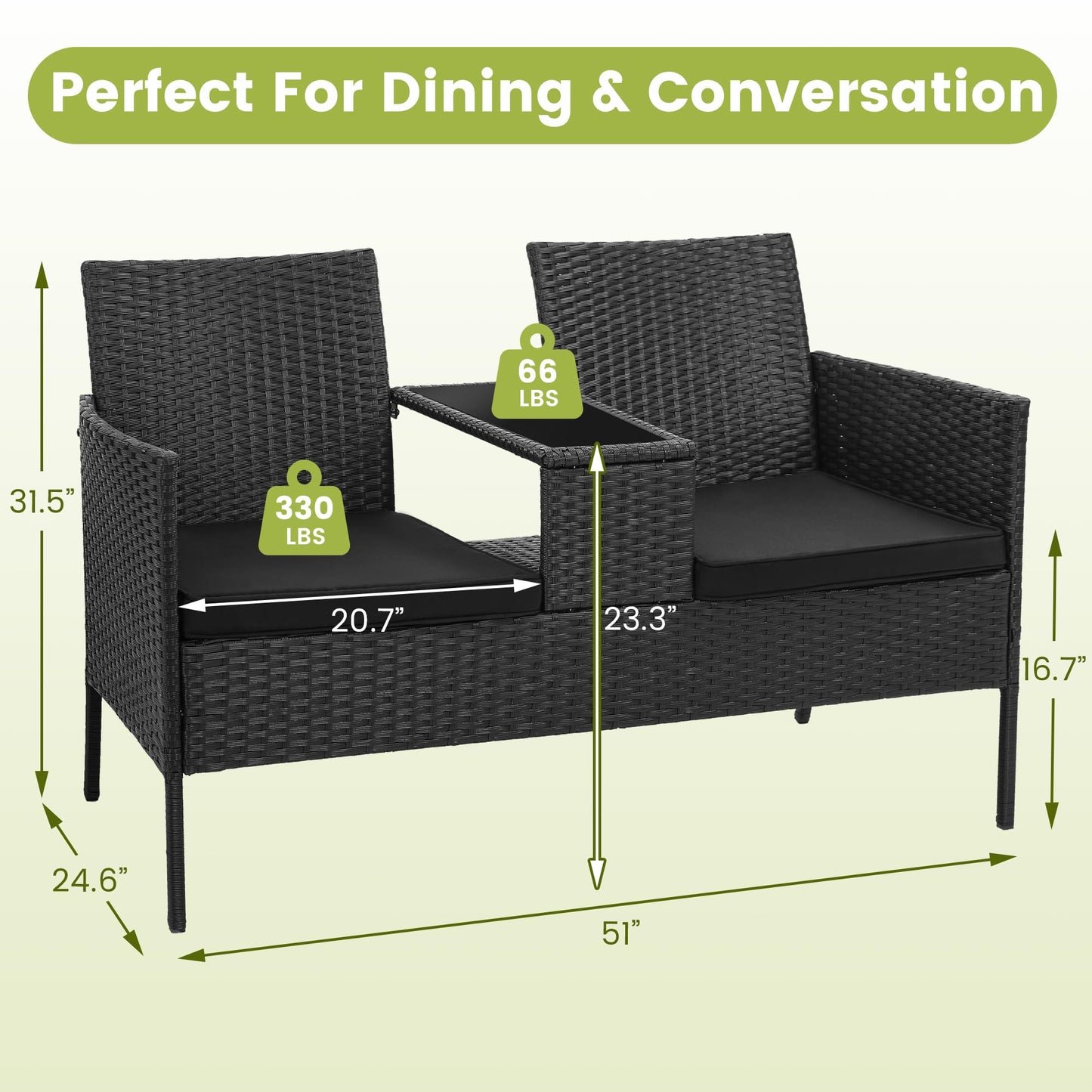 Kromax Wicker 2 Seat Patio Loveseat, Outdoor Rattan Loveseat with Table, Washable Cushion Covers, Backyard, Garden, Lawn, Black Rattan with Black Cushion