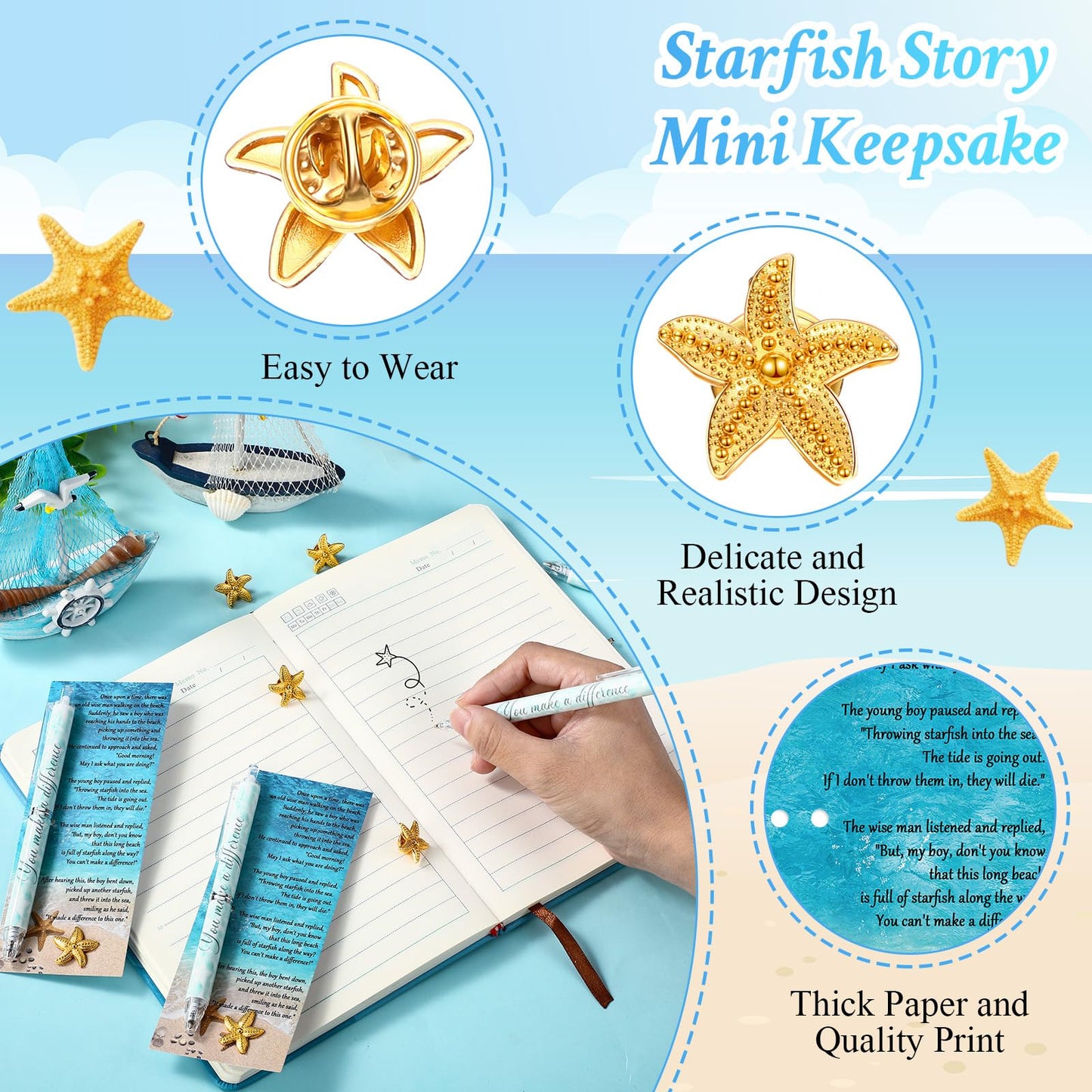 Sayglossy 30 Sets Starfish Story Gifts You Make a Difference Pens Starfish Lapel Pins with Inspirational Story Cards Bulk for Volunteer Teacher Employee Coworker Staff Appreciation