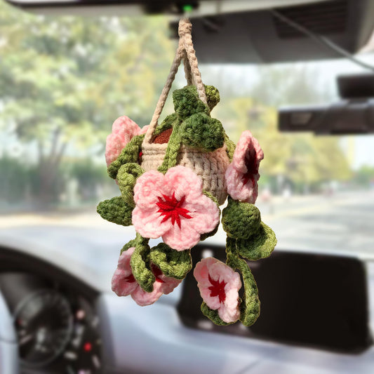 96CRVFT Cute Crochet Cherry Blossom Hanging Plant for Car Accessories, Aesthetic Decor Rear View Mirror Hanging Ornament for Women and Men, Handmade Cute Car Interior Decor Accessories Gift