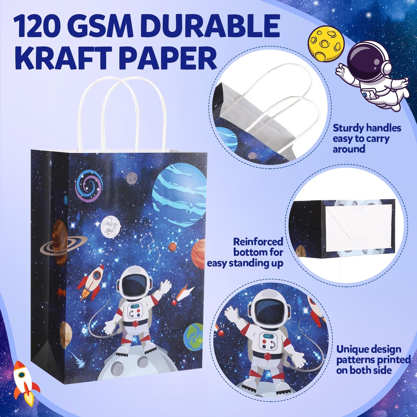 Gaillty 24 Pcs Outer Space Party Favor Bags Galaxy Goodie Gift Bags with Handles Kraft Paper Solar Treat Candy Totes for Astronaut Science Themed Birthday Party Supplies Decorations