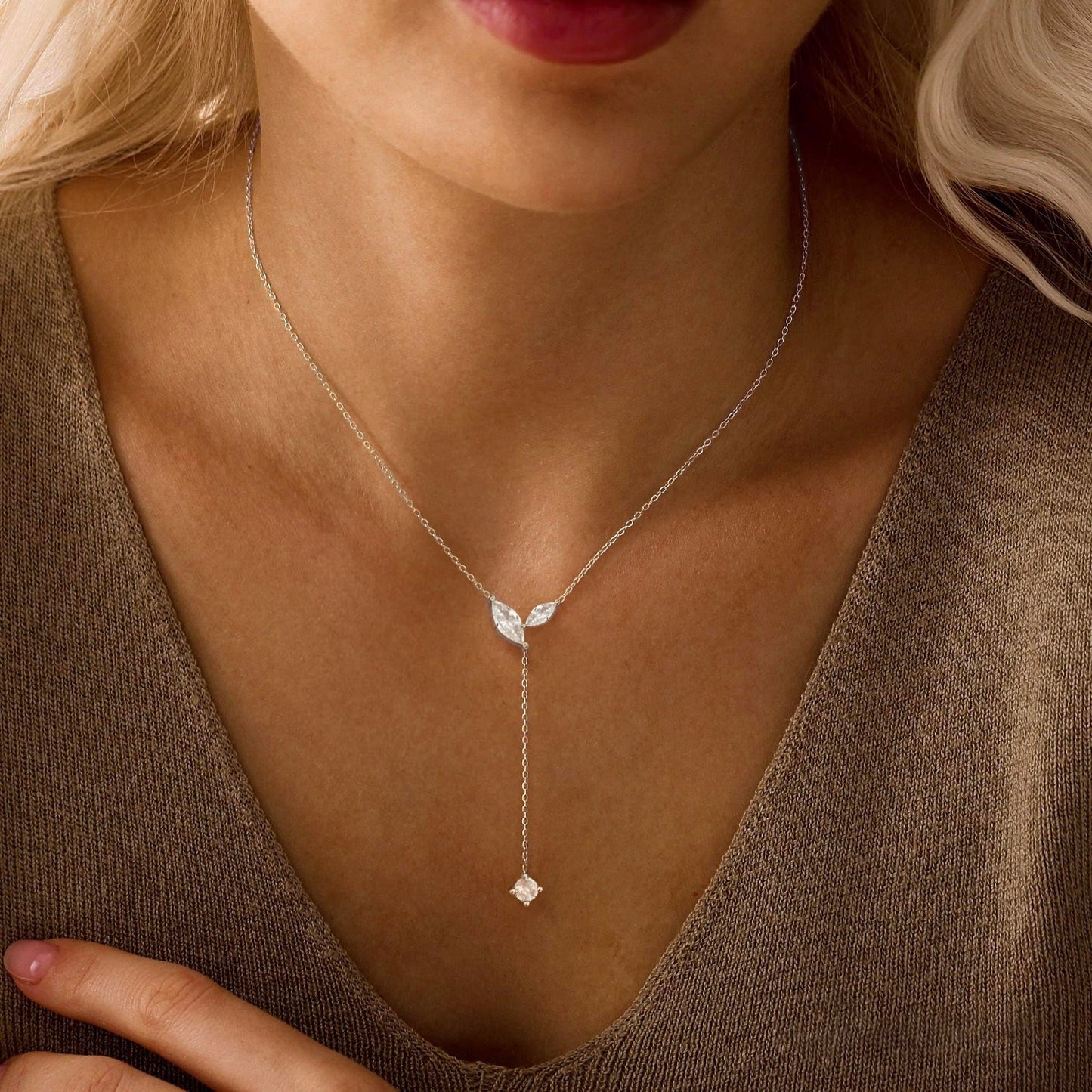 FUCJOEE Silver Necklace for Women - Dainty Lariat Necklace Adjustable Sterling SIlver Teardrop CZ Y Shaped Drop Necklaces Cute Long Necklaces for Women Trendy Prom Formal Silver Jewelry