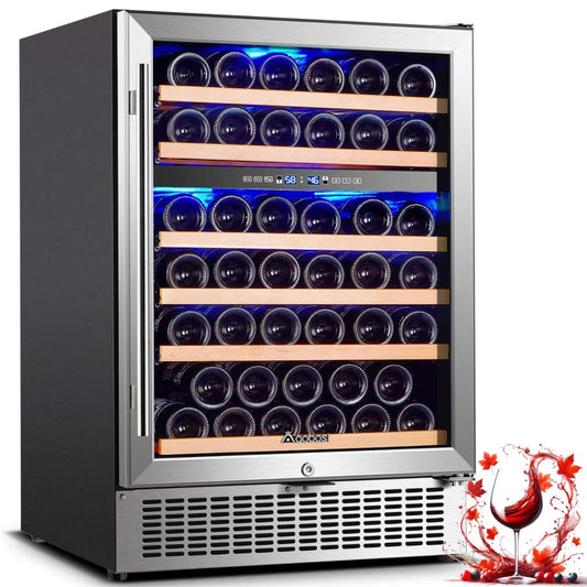 AAOBOSI 51 Bottle Wine Fridge, 24-Inch Dual Zone Wine Cooler Refrigerator, Built-In or Freestanding Under Counter Wine Fridge with Compressor, Digital Temperature Control, Low Noise for Home Bar