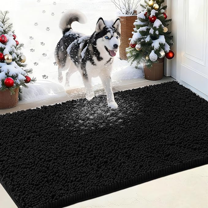 IM HOME Chenille Absorbent Outdoor Doormat 30" x 20", Washable Muddy Door Mats for Dog Non Slip Indoor Doormat Dog Mat for Muddy Paw Front Inside Doormats for Entryway Black