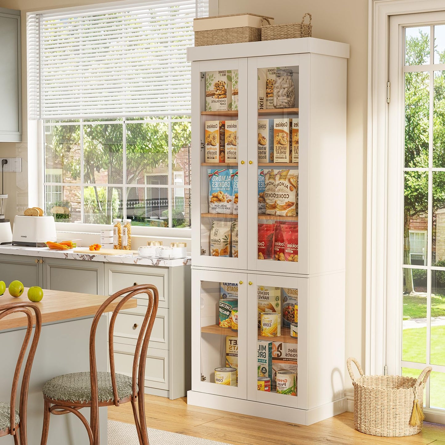 Myricore 70.8" Tall Farmhouse Kitchen Pantry Cabinet with Glass Doors, Modular Storage Cabinet with 6-Tier Adjustable Shelves, Wooden Hutch for Kitchen, Set of 2, White