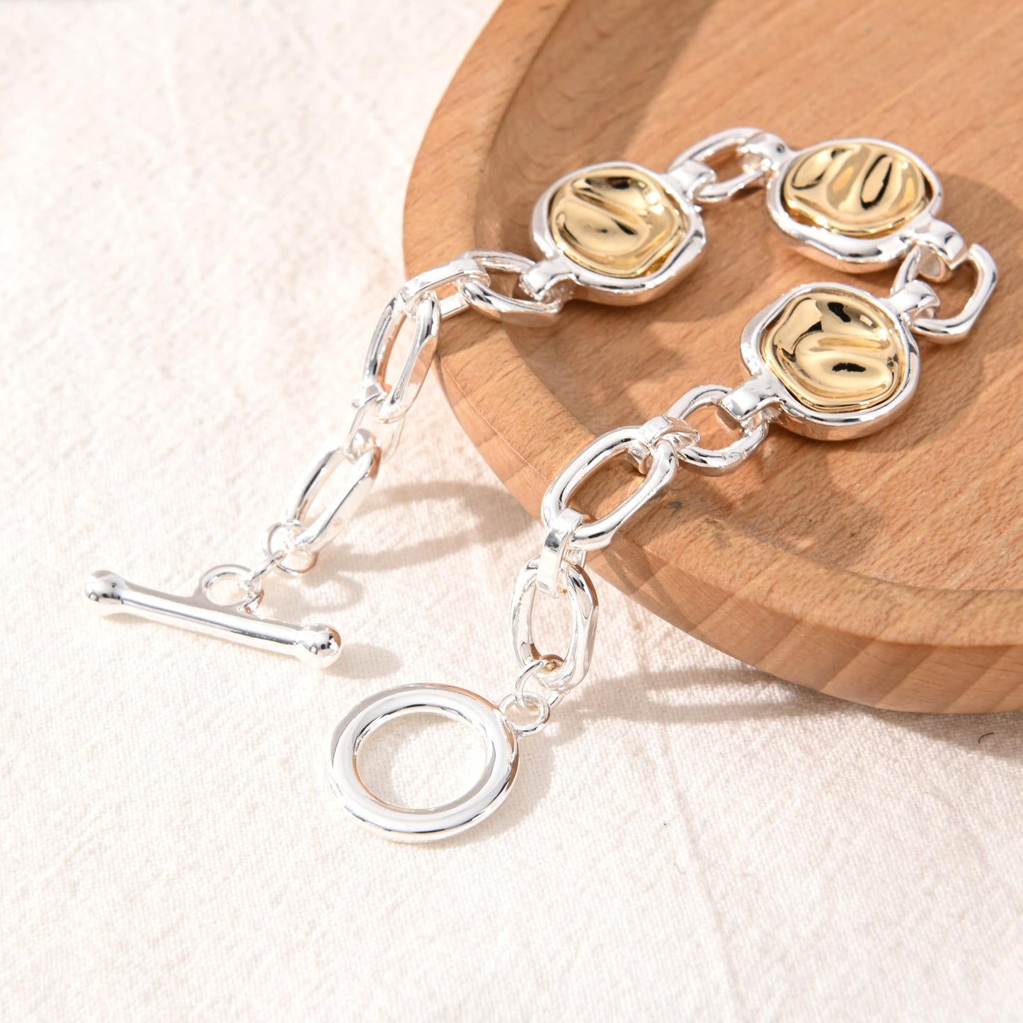 Ginyejly 14K Gold and Silver Plated Special Cain Link with Toggle Clasp Closure in Daily or Party for Women Fashion Jewelry Gifts (round&silver chain)