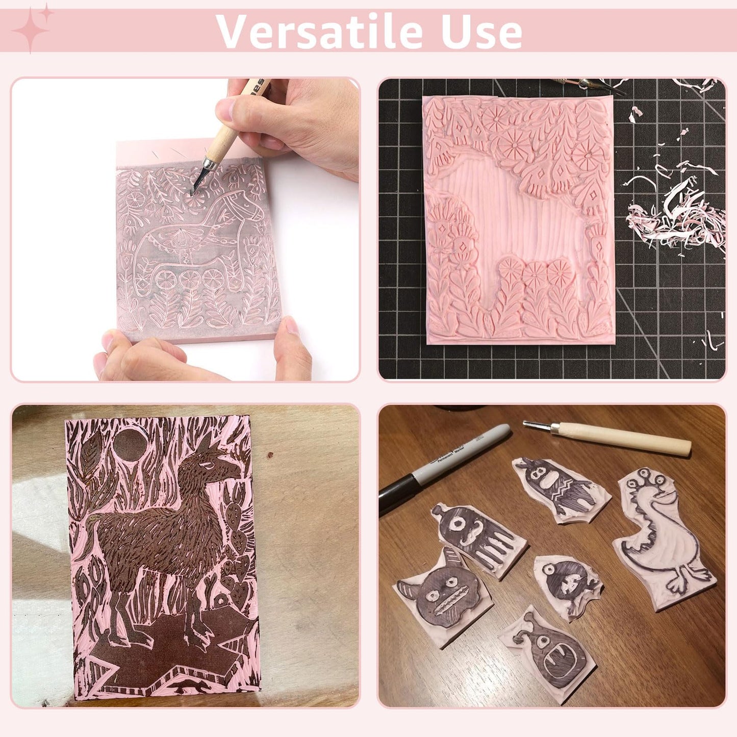 DIRBUY 10 Pack Rubber Stamp Making Kit - Block Printing Kit，Linoleum Carving Tools with 8 Type Blades, 8 Pcs Pink Rubber Carving Block and Rubber Brayer Roller