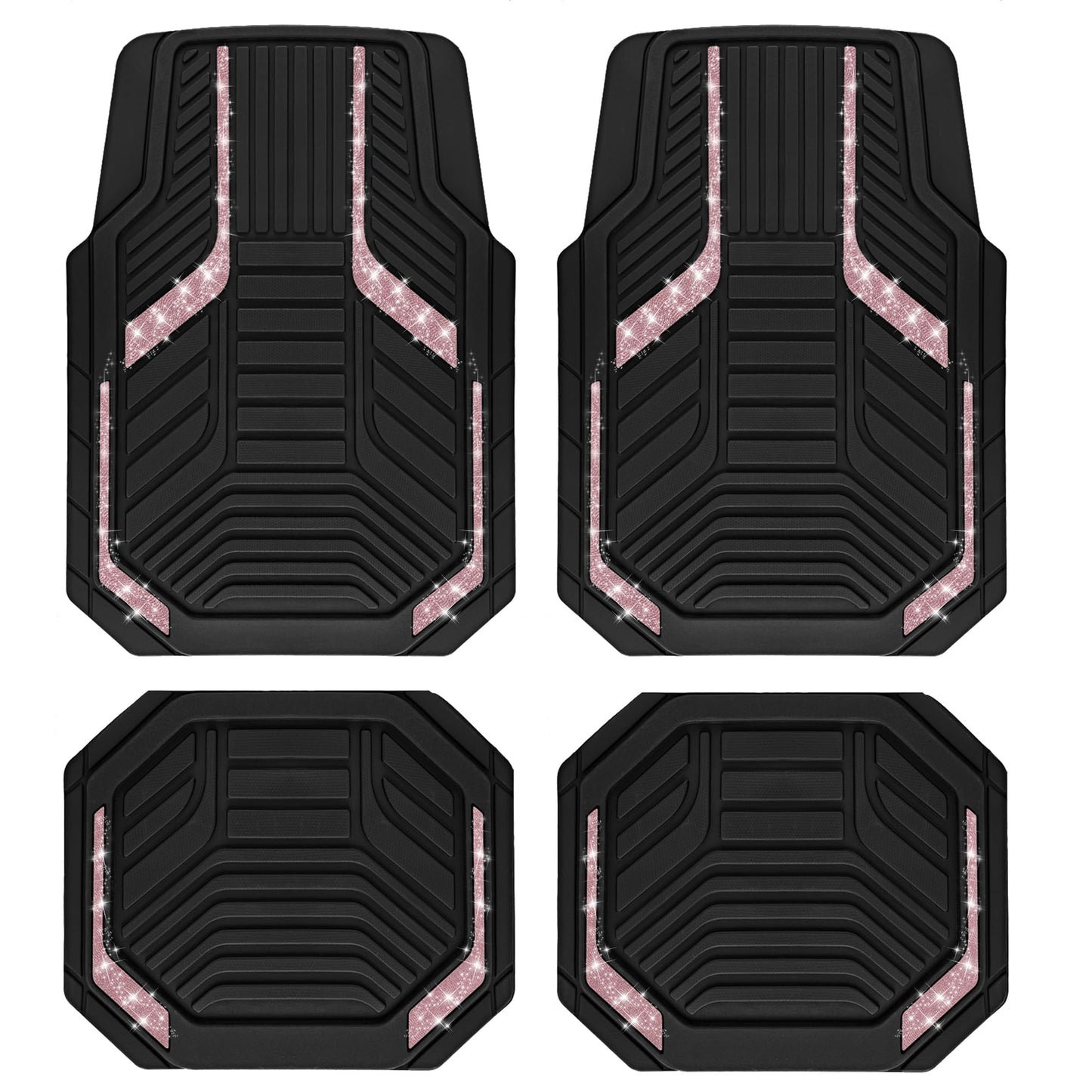 PIC AUTO Car Floor Mats, Pink Sparkly Crystal Bling Glitter Car Mats Set, Front and Rear Heavy Duty Rubber Car Mats with Anti-Slip Backing, All Weather, Trim-to-Fit for SUVs, Trucks, Sedan, Vans