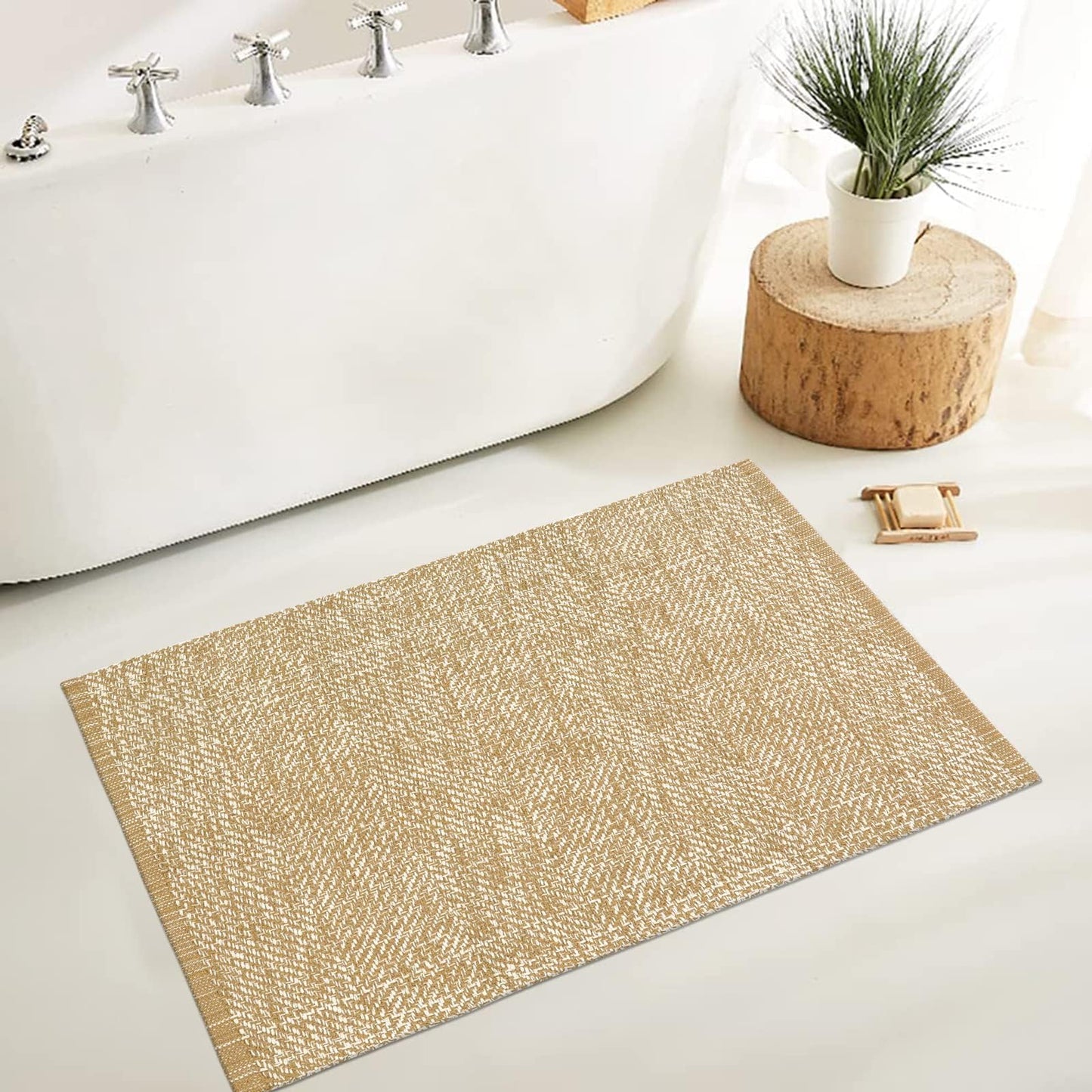 LEEVAN Washable Bathroom Rug, 2'x3' Low Profile Entryway Rugs Tan Front Door Mat Cotton Reversible Kitchen Mat Boho Bedroom Rug Farmhouse Carpet for Foyer Front Porch Decor