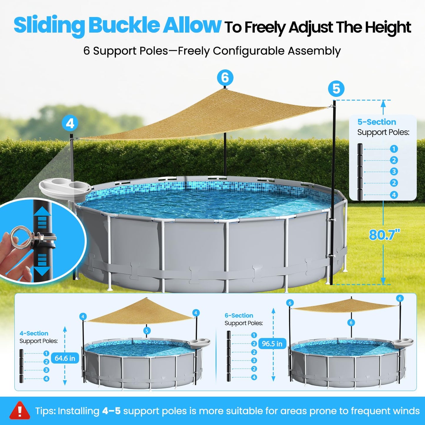 Vidoya Above Ground Pool Canopy Sunshade Set with Storage Tray - Pool Shade Sail Triangular 13'x13'x13' for 15-22 FT Pools, UV-Resistant Shade Cloth, Swimming Pool Awning Cover for Deck, Patio, Garden