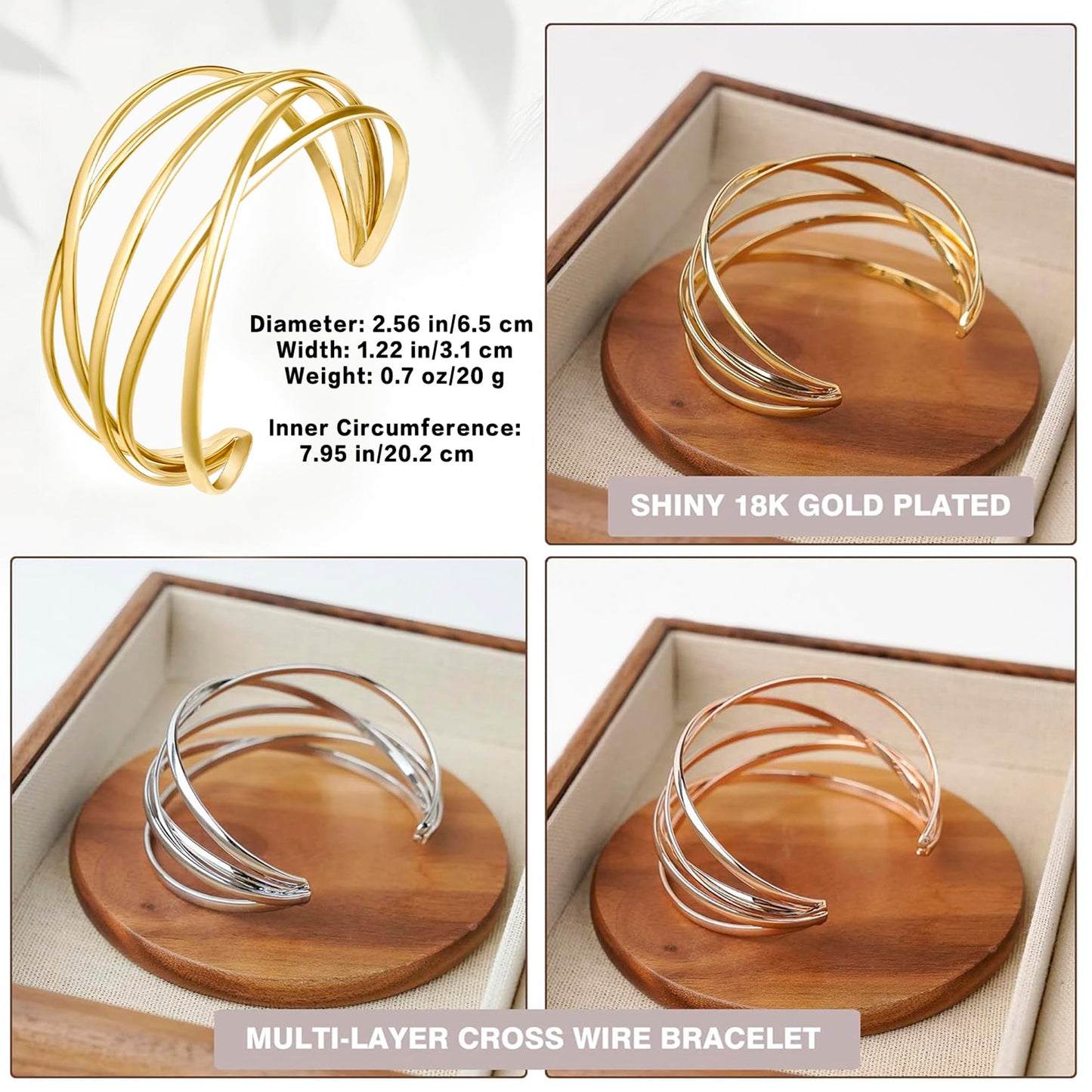 SELFWIMG Gold Bangle Bracelets for Women 18K Gold Plated Chunky Cuff Bracelets Fashion Multi-layer Cross Wire Cuff Bangle Bracelet Open Wrist Trendy Jewelry Gifts