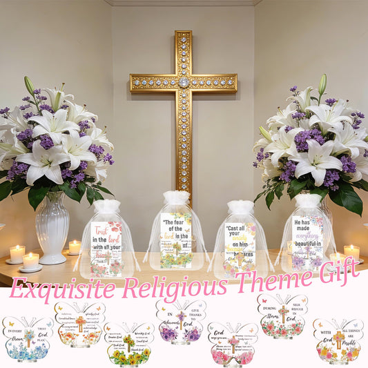 20 Sets Butterfly Acrylic Sign with Stand Christian Gifts Bulk Religious Bible Verse Desk Decor with Cards Organza Bags Inspirational Church Gift for Women Mother Girls Birthday Party Favor Faith Gift