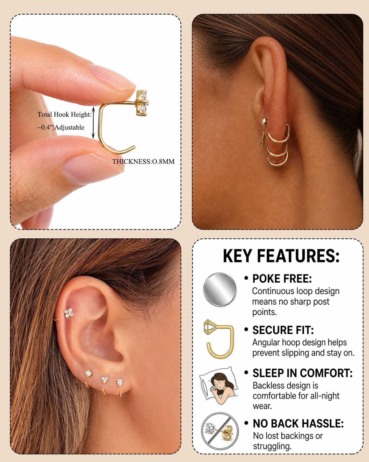 RLMOON Backless Earrings Gold Huggie Half Hoop Earrings for Women 14K Gold Plated Stay Close Hoop Earrings No Back Comfort Fit Hypoallergenic Stackable Earrings to Sleep in