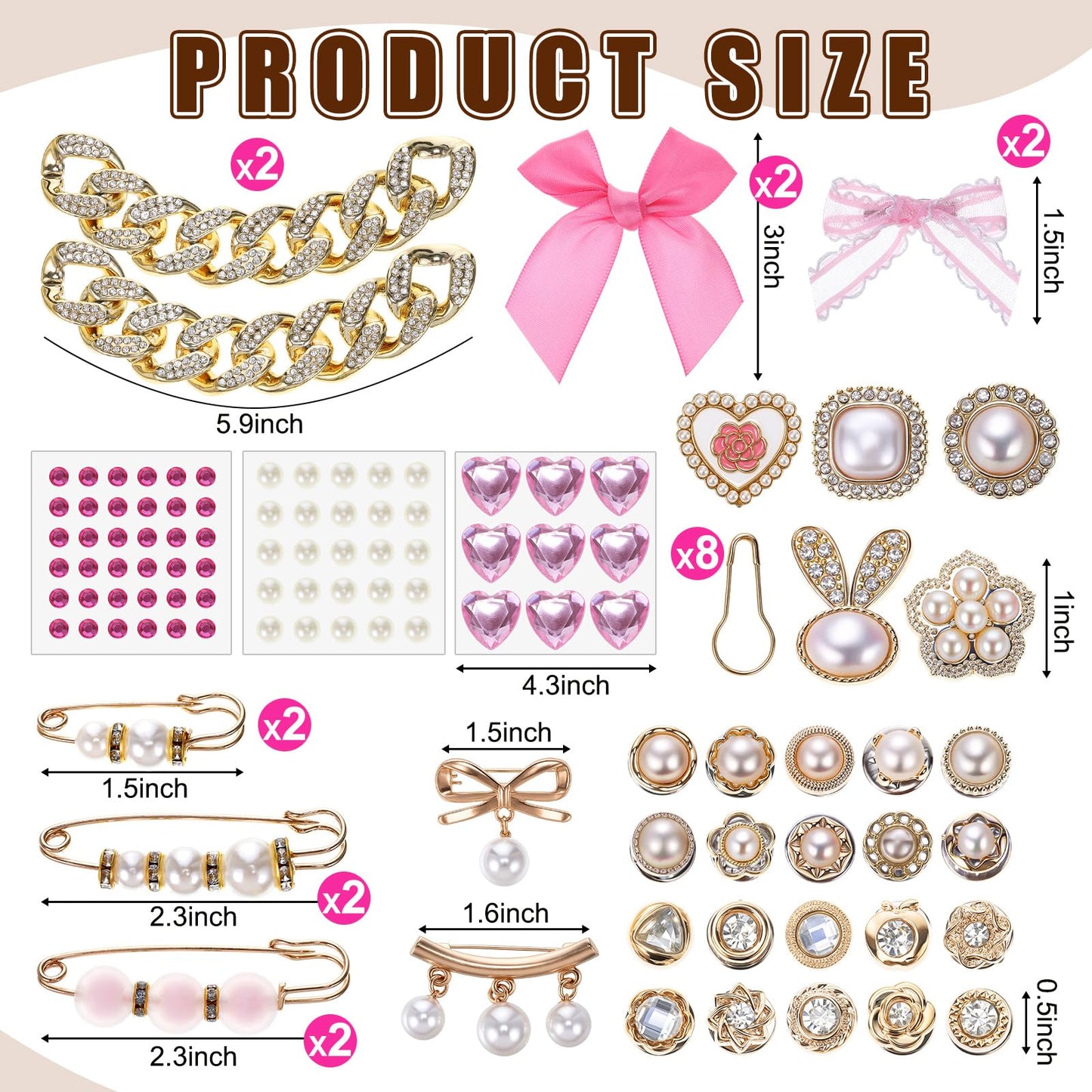 Trnayi 120 Pcs Junk Socks Charms Kit, Gold Brooches and Pins for Women Christmas Gifts, Pearl and Gems Bows Shoe Charms with Safety Pins for DIY Hat Clothes Bags(Pink,Stylish)