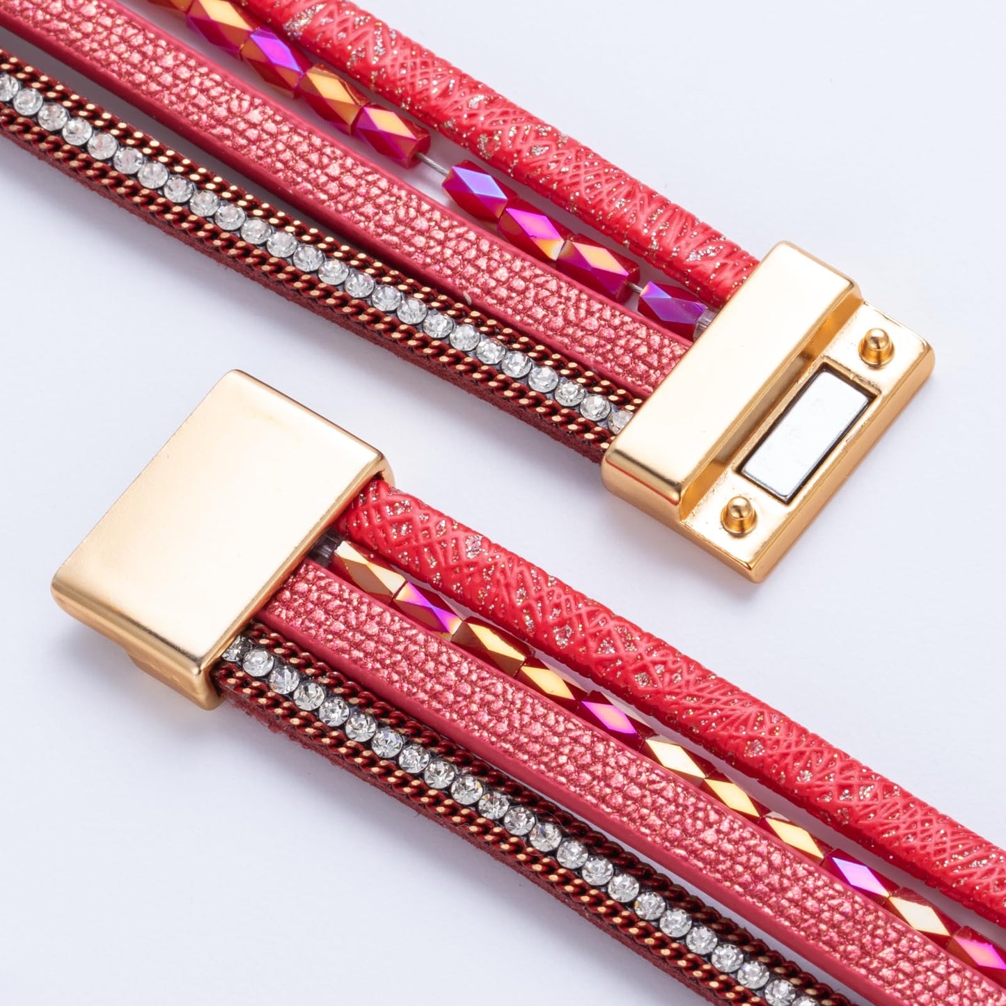 FANCY SHINY Boho Leather Wrap Bracelet Stackable Chunky Crystal Cuff Bracelets with Magnetic Clasp Cowboy Cowgirl Western Summer Beach Outfits Jewelry Gifts for Women (7.7", Red)