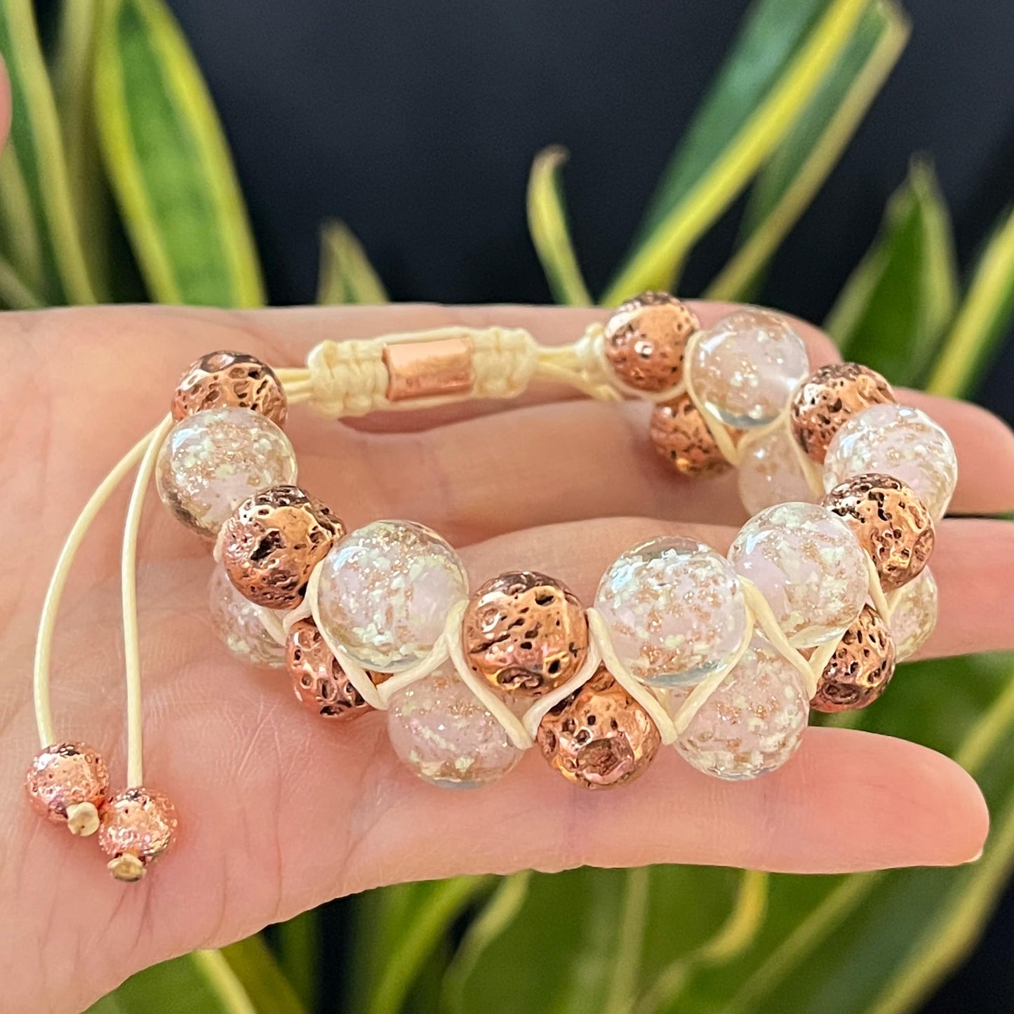 ARTSY Crafts Glow in The Dark Firefly Beads Bracelets, 7 Chakras Crystal Mermaid Glass Beaded Bracelets for Anti Anxeity Healing Energy Money Wealth Abundance Stackable Bangle Wristband (2-Row Pink)