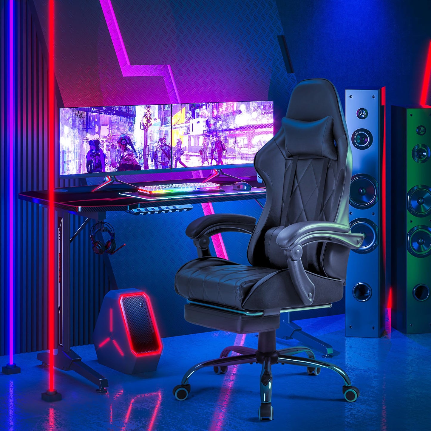 Homall Gaming Chair, Computer Chair with Footrest and Massage Lumbar Support, Ergonomic High Back Video Game Chair with Swivel Seat and Headrest (Dark Black)