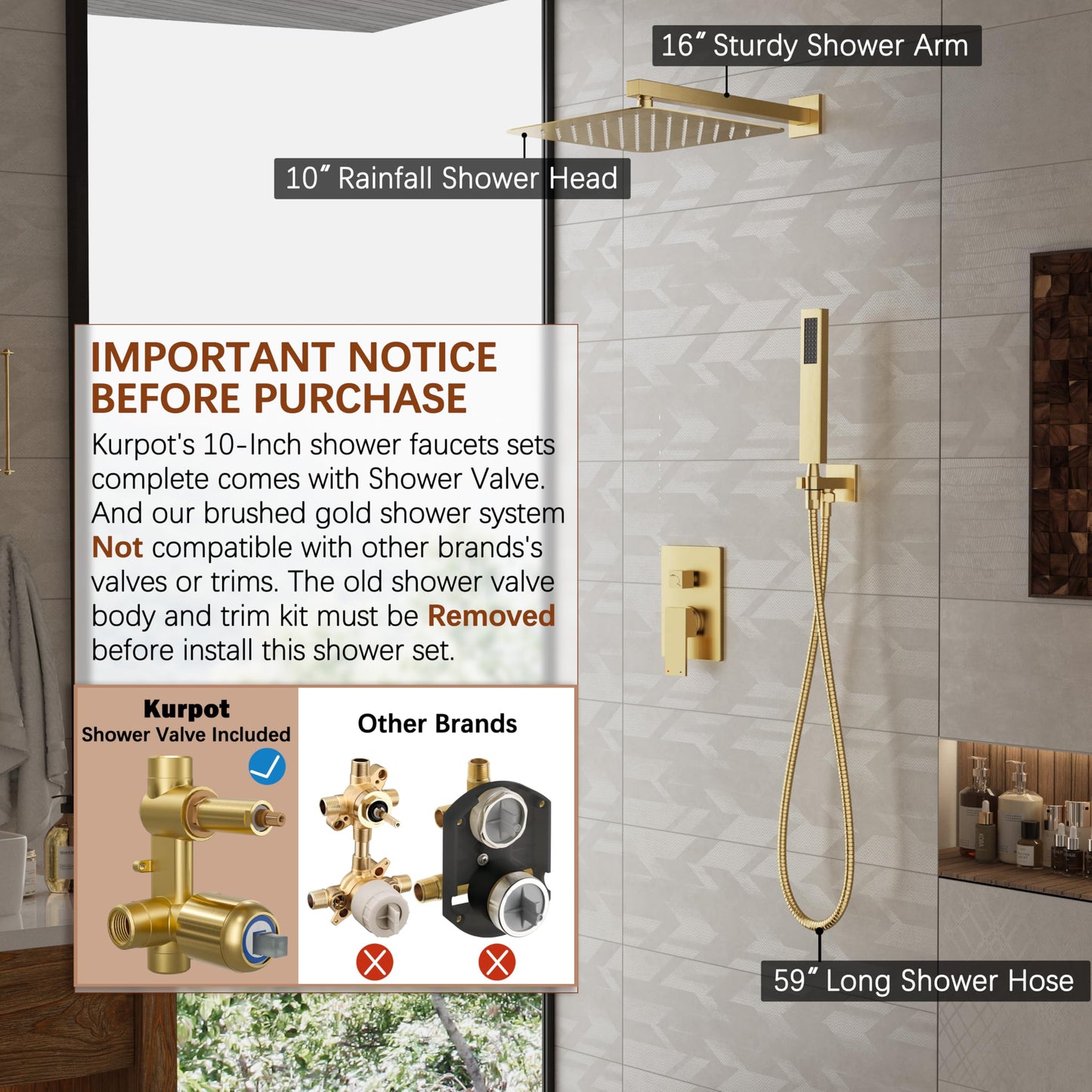 Kurpot Gold Shower System, 10'' Square Rainfall Shower Head with Handheld Combo Spray, Bathroom Brushed Gold Shower Faucet Set with Valve, 59'' Shower Hose, Shower Trim Kit and Diverter, Wall Mounted