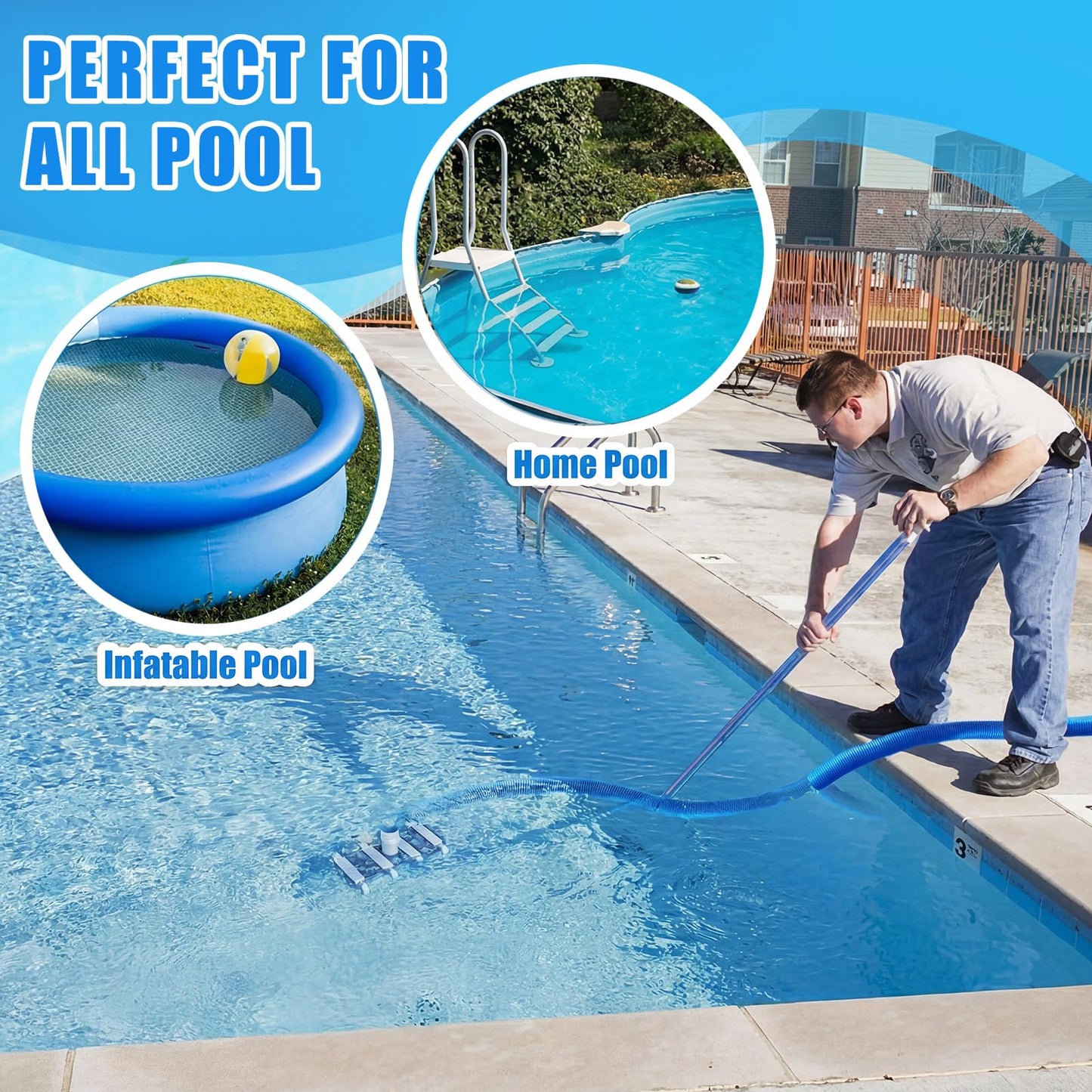 Innconee 4 Pcs Swimming Pool Cleaning Kit Including Pool Vacuum Head with 1-1/2" x 30 ft Hoses Flexible Head with Wheels and Pole 14 '' Cleaning Brush for Inground Above Ground Swimming Supplies