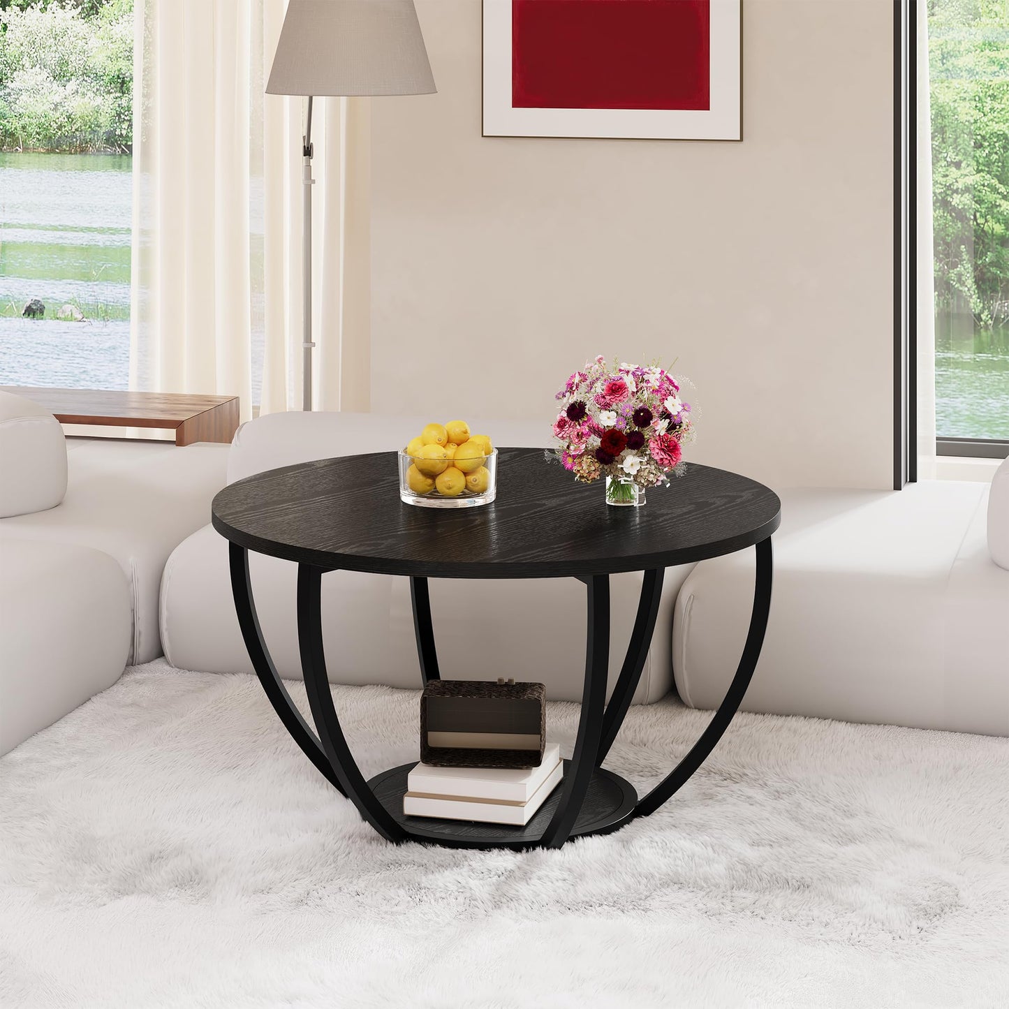 HOMERECOMMEND Round Coffee Table,Wooden 2-Tier Circle Coffee Tables with Storage Shelves,Accent Center Table for Living Room, Sofa Table for Home Office, Black