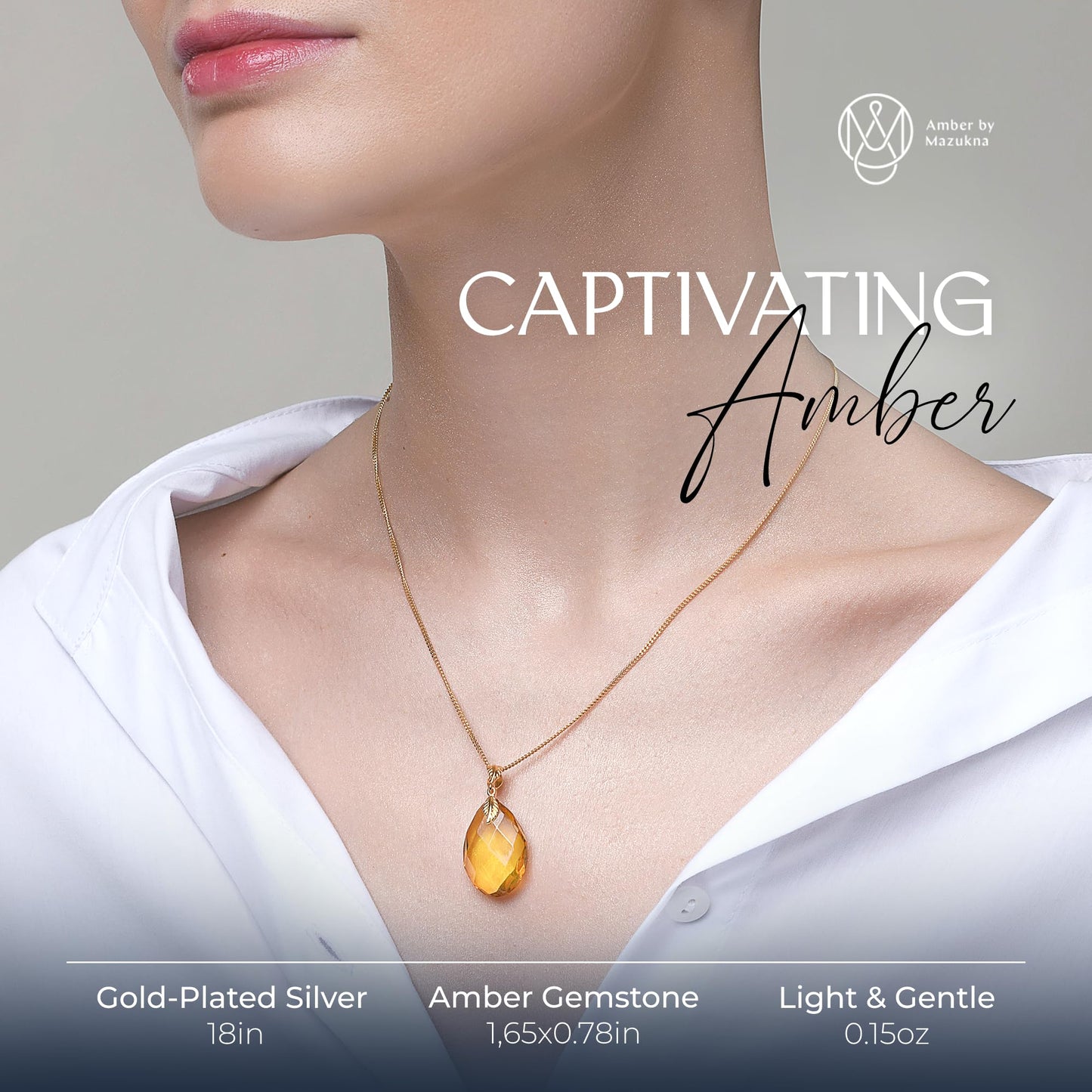 Amber by Mazukna Natural Baltic Amber Pendant for Women, Cognac Drop Necklace with Gold-Plated Sterling Silver Chain, Lightweight 18-inch Jewelry Gift for Everyday Elegance (Amber Polished)