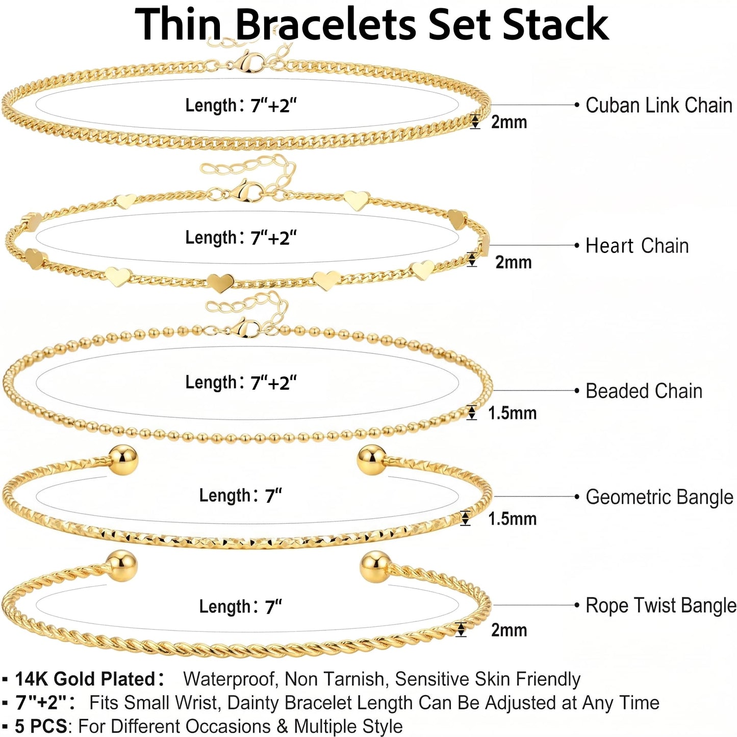 Dainty Gold Bracelets Set for Women Stackable, 14K Gold Plated Stainless Steel Layered Bracelets, Simple Waterproof Non Tarnish Link Chain Bracelets, 5Pcs Jewelry Gifts fpr Women