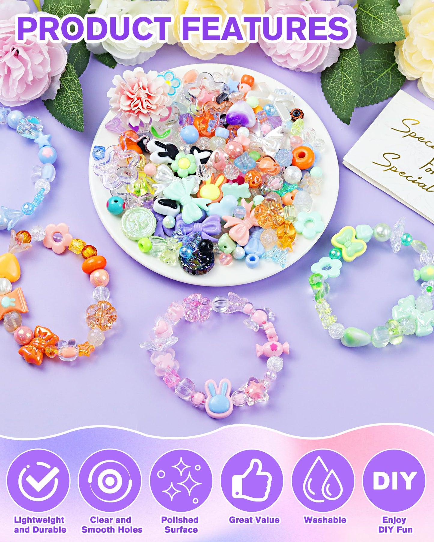 750PCS FIVEIZERO Assorted Acrylic Beads for Bracelet Making, Flower Star Heart Butterfly Candy Gummy Bear Kawaii Aesthetic Cute Beads for Jewelry Making, Keychains, Necklace, Phone Charms, DIY Crafts