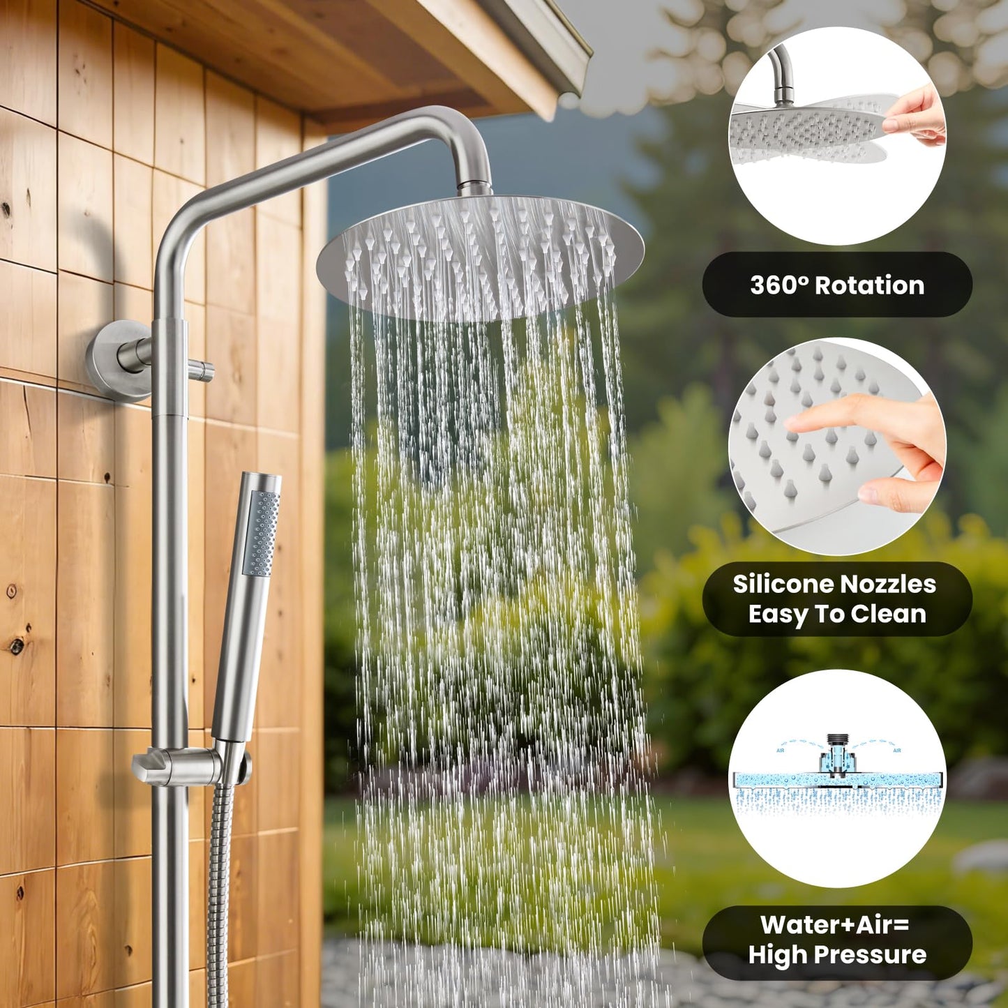 gotonovo Outdoor Shower Fixtures SUS304 Stainless Steel Rain Shower Kit Faucet High Pressure Wall Mount 2 Dual Function 8 Inch Showerhead and Handheld Spray Combo, Single Handle, Brushed Nickel