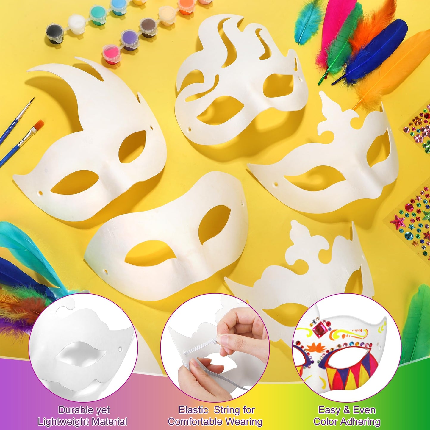 Elcoho 12 Pieces White Paper Masks DIY Kit with 100 Feathers Gemstone Paint Paper Mache Art Mask for Crafting Half Face Masquerade Mask for Party Decorations Adult Costume Party Favors