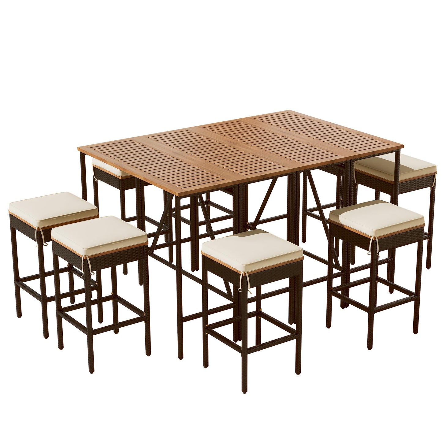 Merax 10-Piece Outdoor Bar Height Table Set with 8 Stools & Cushions, Foldable Acacia Wood & PE Rattan Wicker Patio High-Dining Bistro Set, All-Weather Brown Furniture for Garden, Deck or Backyard