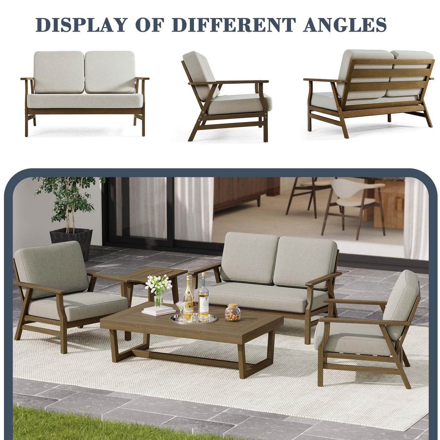 UIXE 6 Pieces Outdoor Patio Furniture, Wood Outdoor Sectional Furniture Patio Sofa Conversation Sets with Bistro Chairs, Coffee Table - Light Camel