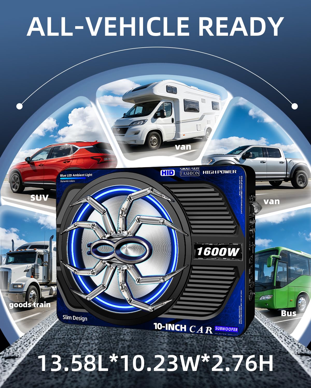 SUBPULSIX 1600W Slim Underseat Car Subwoofer and Amp Package, Powered Subwoofer Car Audio with Built-in Class D Amplifier, Subsonic Deep Bass, Cast Aluminum, LED Ambient Light Switch,for Truck SUV Car