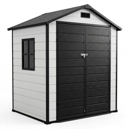 6x4 FT Outdoor Storage Shed with Floor, Plastic Resin Garden Shed with Window & Sloping Roof & Lockable Door for Patio Backyard Garden, Lawn Mower, Bike, Tool Storage