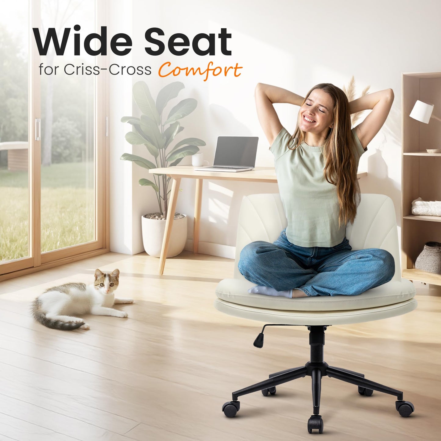 NEO CHAIR Criss Cross Chair with Wheels Armless Cross Legged Office Desk Wide Comfy Vanity Makeup Chair Adjustable Swivel Rolling Computer for Home Office PU Leather (Beige)