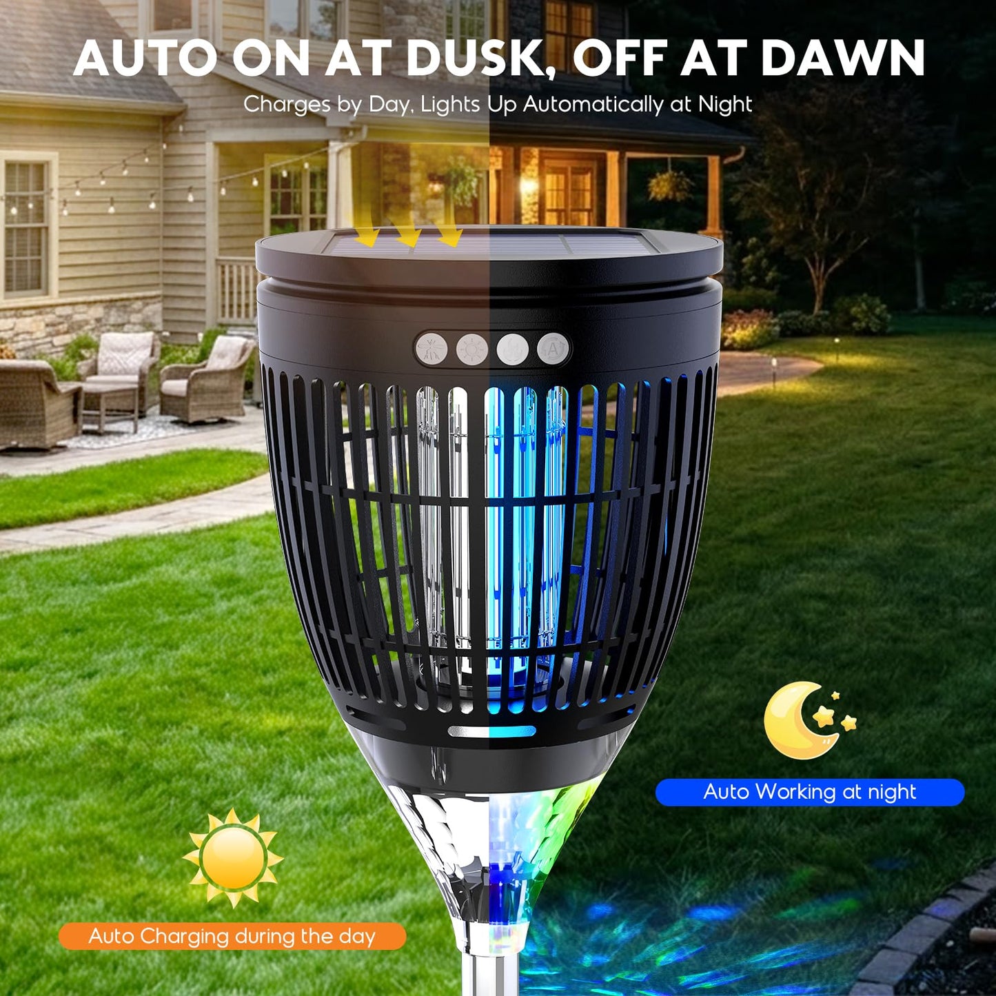 Solar Bug Zapper Outdoor, 4200V 3-in-1 Mosquito Zapper with Flame Light & RGB Projector, Solar Powered & USB Rechargeable, Smart Auto Mode, IP65 Waterproof Mosquito Killer for Yard Garden 2000 Sq Ft