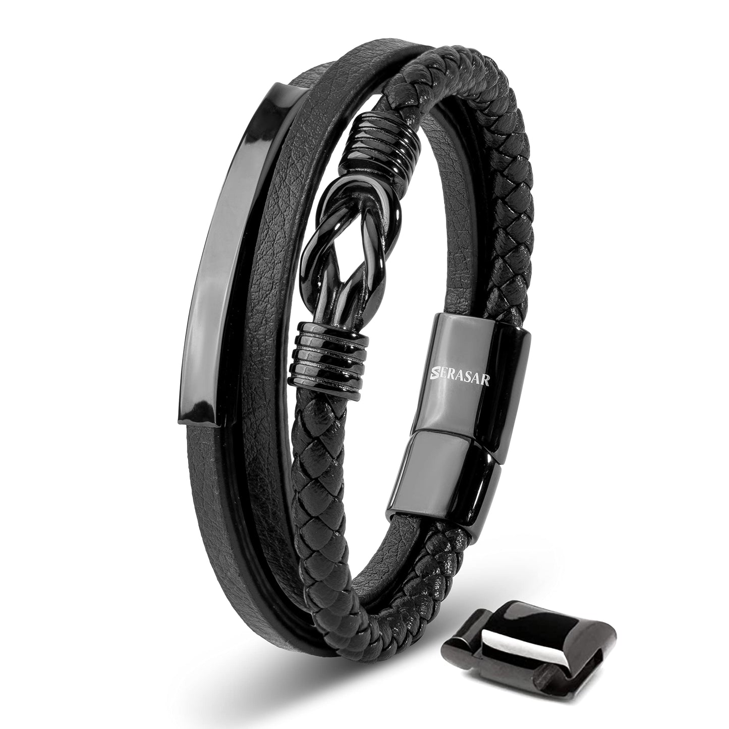 SERASAR Pulsera de Cuero Negro para Hombre, 17cm, Caja Regalo, Real, Piel Vaca, Ajustable, Cierre Magnético, Cuerda Envoltura, Masculino, Pulseras, Banda, Joyas, Imán