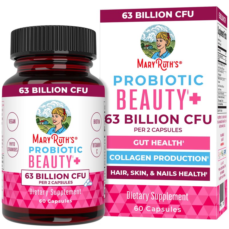 MARYRUTH'S Probiotic Beauty Capsules + Red Orange Complex & Ceramosides | Vegan Collagen Support | Anti Aging | Gut Health | Hair Skin and Nails Vitamins | Skin Care | Biotin | Non-GMO | 60 Count