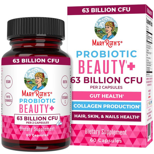 MARYRUTH'S Probiotic Beauty Capsules + Red Orange Complex & Ceramosides | Vegan Collagen Support | Anti Aging | Gut Health | Hair Skin and Nails Vitamins | Skin Care | Biotin | Non-GMO | 60 Count