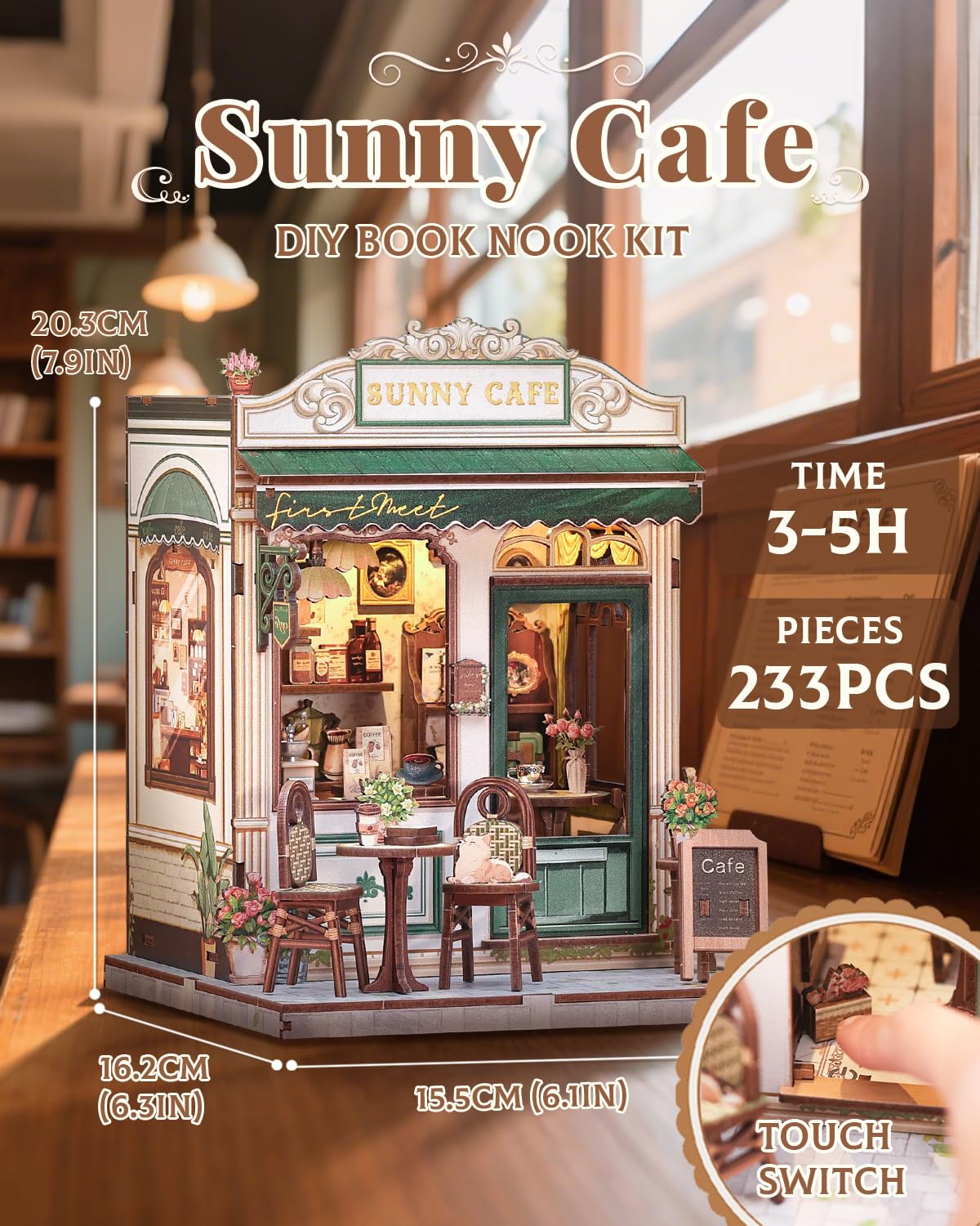 CUTEBEE Book Nook Kit - DIY Miniature House Dollhouse Kit for Adult and Teens, Booknook Bookshelf Decor Alley Model Build with LED Light, Gifts for Family and Friends (Sunny Cafe)
